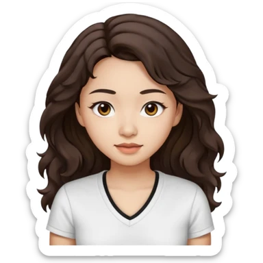 iOS style emoji. A girl with very long dark brown wavy hair. And the eyes color is dark brown. And she is wearing white t shirt with V kneck. And she is 30. She is Asian with double eyelids  sticker