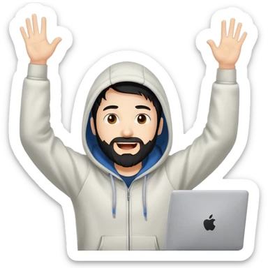 male coder with black hair, beard, and white skin, wearing a hoodie, excitedly raising arms in celebration after solving a coding problem, computer in front of him sticker