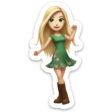 Realistic White girl with Long straight blonde hair, green eyes, tattoos, full body wearing pink dress and Brown knee-high boots, dancing sticker