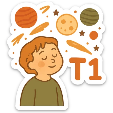 Make the T1 text much larger, keep the space theme, and make the background transparent. sticker