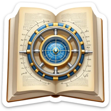 An icon featuring a physics textbook, a large Hadron Collider with particles flying off, symbolizing the study of physics. The design includes atomic models, energy waves, and scientific formulas, representing fundamental physical principles and research. Transparent background. sticker