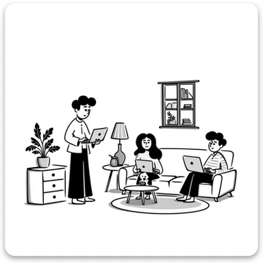 escenary 3d of a cozy mid-century living room with two people working on laptops, one man standing at a desk, and one woman sitting on a couch sticker