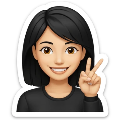 Haz una imagen de una mujer con cabello negro con cabello en capas , con una sonrisa en su cara y la punta de su dedo indice entre sus dientes sticker