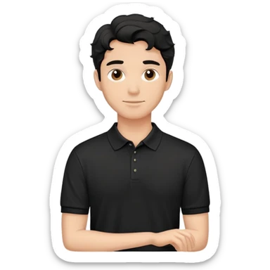 Man with wavy black hair in a classic black polo shirt, relaxed fit sticker