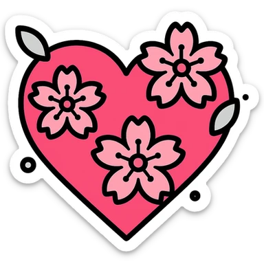heart with sakura flowers and silver accents, color outline icon style sticker