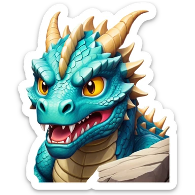 Cinematic Comical Giant Rock Dragon Portrait Emoji, Head tilted dramatically with an exaggeratedly amused expression, featuring a striking, chiseled body with bold stone textures and wide, expressive eyes brimming with playful geologic mischief; rendered with vivid, lifelike detail and dynamic, natural shadows, high shine, dramatic yet humorous, styled with an air of cheeky ancient solidity, soft glowing outline, capturing the essence of a spirited and over‐the‐top stone giant that looks ready to rumble with timeless mirth! sticker