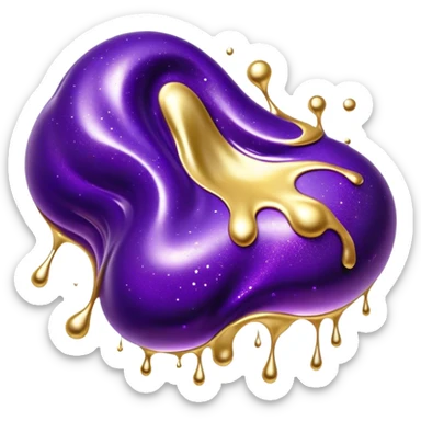 Cinematic Realistic Shiny Slime Mixed with Glitter, thick and glossy with swirling metallic flecks suspended inside, a dynamic mix of deep purple and golden sparkles, light catching every shimmer, flowing smoothly with realistic folds and ripples, glowing with an enchanting, almost liquid-metal effect. sticker