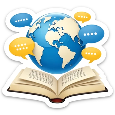 An icon showing a globe surrounded by speech bubbles with greetings in different languages, like 'Hello,' 'Hola,' and 'Bonjour.' The design includes an open book and a quill, symbolizing learning and communication. Transparent background emphasizes global connection through language. sticker