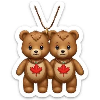 2 fluffy Teddy bears in love. One has an acorn necklace and a maple leaf necklace  sticker