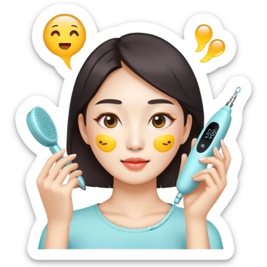 bright and healthy Korean woman pressing beauty device on face, emoji style sticker