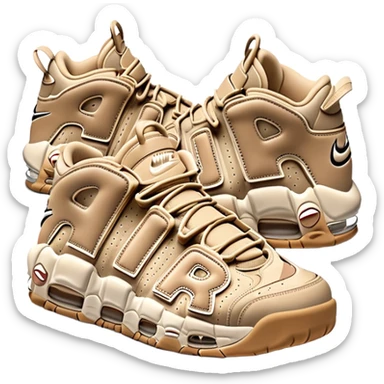 Simple clean pair of beige Nike Air More Uptempo sneakers arranged as a matching pair, minimal detailing but with distinct AIR lettering sticker