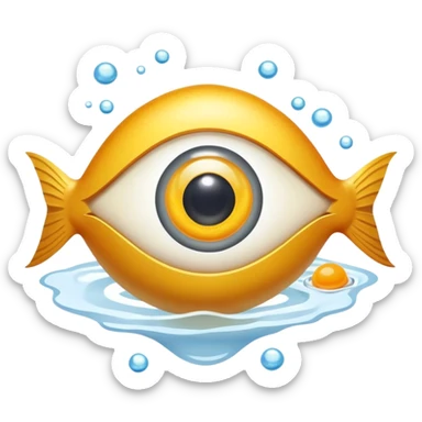 Golden liver, egg yolk, and fish floating around an eye sticker