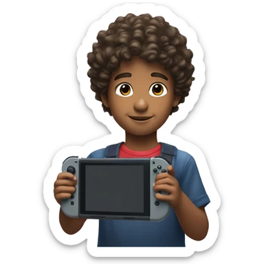 Nintendo switch console being held by kid with curly hair sticker