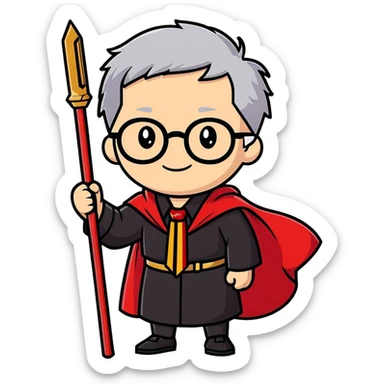 You smiling wearing black robe with scarlet red cape and scarlet red vest underneath with gold trim on top on scarlet red and gold striped tie and white collared shirt and black glasses with short grey hair and holding brown wood wand sticker