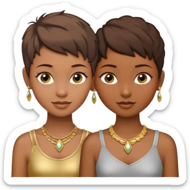One black girl and one light brown girl and brown colored besties with brown hair pixie cuts wearing jewelry  both brown hair  sticker