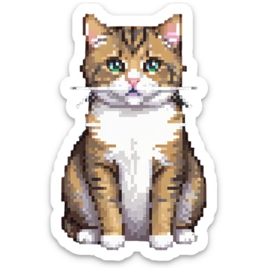 Cute tabby cat with white stomach, pixelated style, sitting to show white belly sticker