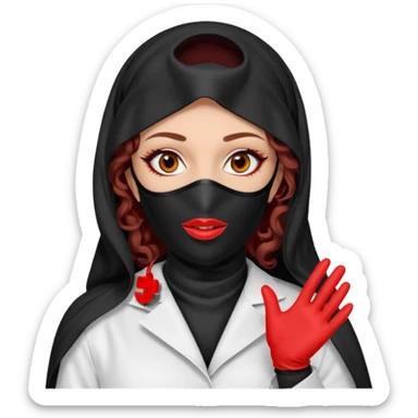 


Scary woman scalpel in hand, evil surgeon sexy surgeon clothes.  She has redcolored  eyes. Her  hair only is free ne brown long curly hair. Wears sexy doctor outfit with red gloves. make her wear full Muslim burka to mask and nose mouth mask  to hide. Wears white surgeon coat, wears  stilettos sticker