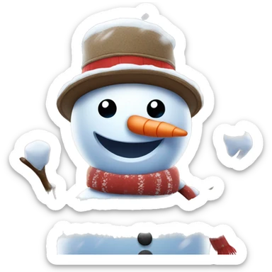 Snowman with a background of snowfall and hut with a warm Christmas vibe to it  sticker