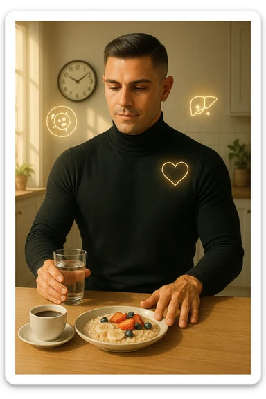 A realistic, cinematic illustration of a man in his early 30s with a fit, healthy appearance, standing in a bright kitchen in the morning. The kitchen table has a prepared but untouched healthy breakfast (oatmeal, fruit, coffee) on it, while the man, with a calm and focused expression, gently pushes the plate away with one hand while holding a glass of water in the other. A wall clock in the background shows 8:00 AM, indicating the morning fasting window, while sunlight streams in, illuminating the scene. Subtle glowing icons of a regenerating cell, a clean liver, and a heart float softly around him, symbolizing the health benefits of intermittent fasting. The atmosphere is clean, minimal, and motivating, showing that the man chooses intermittent fasting consciously for health, clarity, and energy rather than weight loss alone. The color palette is warm, with natural light and a slight film grain for depth sticker