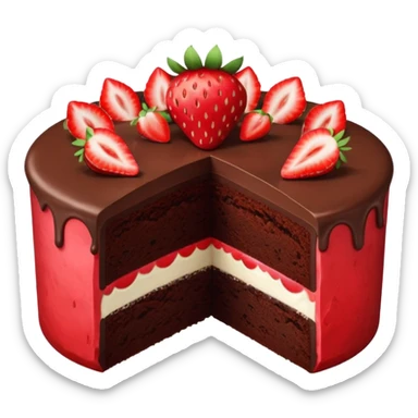 round chocolate cake with a cut revealing the inside topped with one whole strawberry sticker