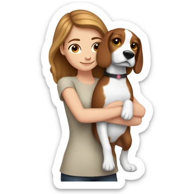 White girl with brown hair hugs beagle sticker