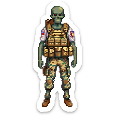 A zombie undead soldier, he has a bdu camouflaged uniform with a tan plate carrier, undead, leaned over posture, zombie, partially skeleton sticker