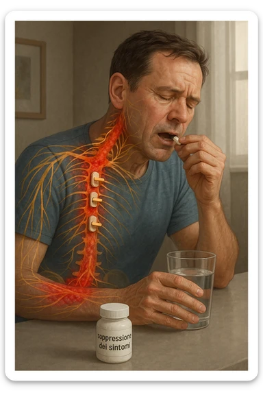 Realistica Man taking pain medication for chronic back pain, pills shown as dimmer switches turning down pain signals in transparent nervous system overlay, underlying spinal damage remaining completely untreated and worsening, expression of temporary relief masking progressive deterioration, medication bottle labeled 'symptom suppression' not 'cure', root cause inflammation continuing to spread in italiano sticker