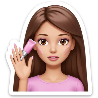 Barbie girl a brown long Straight hair and brown eyes is In pale pink smears by hand cosmetic cream on her face sticker
