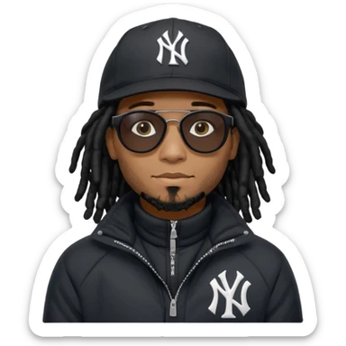 African American man with shoulder length black dreadlocks and black sunglasses wearing a black New York Yankees baseball hat with a North Face bubble winter coat sticker