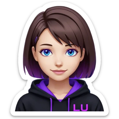 brown haired girl with a bob blue eyes wearing black hoody with violet letters "Lu", smile. Cyberpunk style. Violet neon. sticker