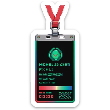 Member ID card with green to red gradient holographic effect and pixel art design sticker