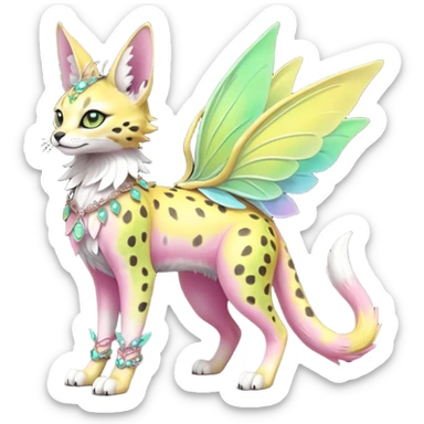 Epic complex knightly divine glorious futuristic detailed dark dusky gloomy pastel pink-pastel-green-pastel-yellow-white-gradient-iridescent, realistic Fakémon-Sprigatito-Floragato-Meowscarada-Trico-Sergal-Serval-Vernid-creature (full body) with bracelets and anklets and fairy wings sticker