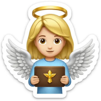 "Um emoji de anjo com cabelos loiros, um halo, asas, segurando um sinal de 'compartilhar' em letras em negrito." sticker