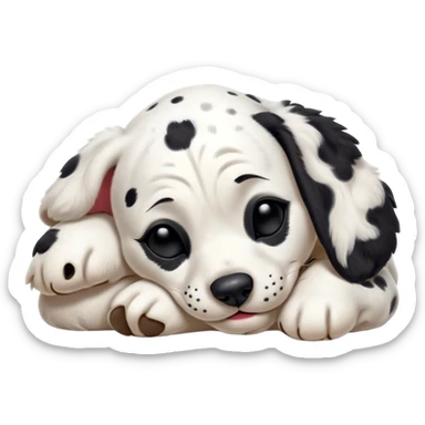 Meme-Worthy Cute Sleeping Spotted Dalmatian Portrait Emoji, Head resting peacefully with a contented smile, showcasing a delightfully majestic build and a luxuriously soft Fur of predominantly white with bold black patches, eyes shut in a serene nap, Simplified yet hilariously adorable features, highly detailed, glowing with a soft, drowsy light, high shine, relaxed and utterly lovable, stylized with an air of playful laziness, bright and heartwarming, soft glowing outline, capturing the essence of a comically sleepy guardian, so meme-worthy it feels like it could instantly become the next viral sensation of adorable slumber! sticker