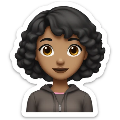 cute teenage girl with shoulder-length black hair and black eyes having a medium-brown skin tone. She wears modest clothing, avoiding revealing styles. Her facial features, particularly around the mouth are welldefined, and she is wearing pink lipstick sticker