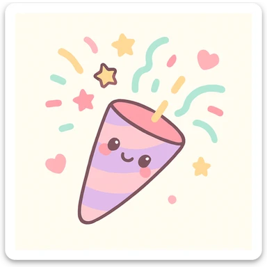 kawaii style party popper, pastel colors, happy expression, confetti flying, clean background sticker