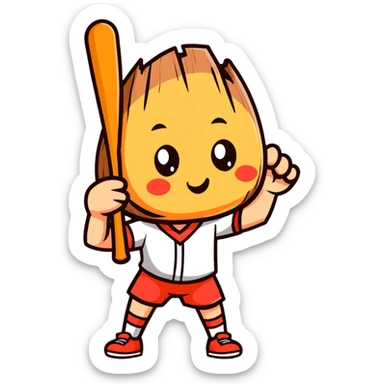 a wooden log with thin stick legs, cute cartoonish face, holding a baseball bat sticker