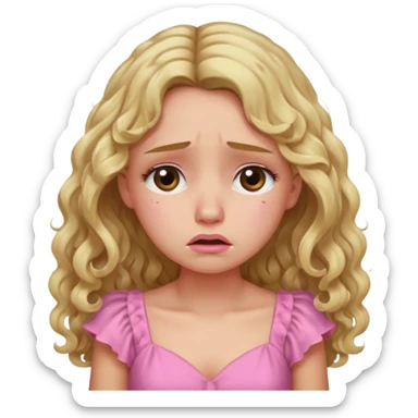 the girl is that crying with tears she has brown eyes and blond long hair curly pink dress  sticker
