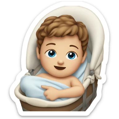 blue-eyed baby with brown hair in cradle sticker