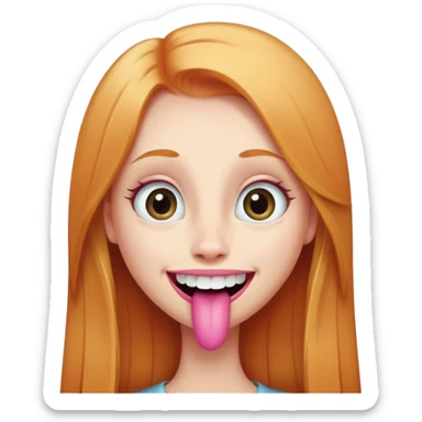 young girl with long straight ginger blonde hair, long face, big eyes, big long nose, big pink mouth with large teeth, exaggerated smile sticker