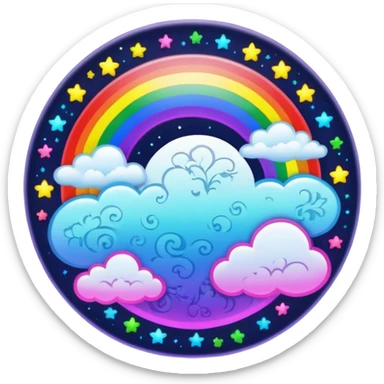 Beveled button with Neon rainbow colored damask style full moon with stars and clouds in the center sticker