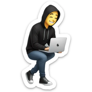 eyes-closed-laughing-male-with-regular-skin-and-blue-eyes-wearing-black-beanie-and-black-hoodie-and-holding-a-laptop-not-full-body-shot sticker