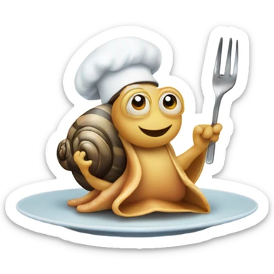 A snail holding utensils with a bib on sticker