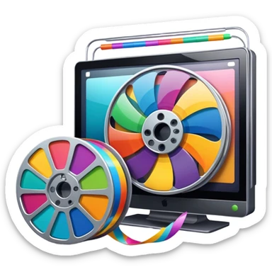 Create a vibrant and modern icon representing Animation and Motion Design, featuring elements like a film reel with Rolling colorful film, a computer screen, and dynamic motion lines.  The design should be visually engaging, colorful, and dynamic, without any emojis. The background is transparent. sticker