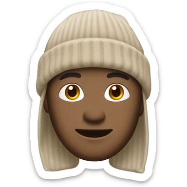 A person with medium-length dark-brown hair, beige beanie, brown eyes, No body only head, face. sticker