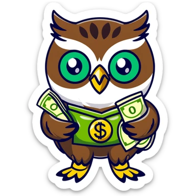 charming pastel-toned owl character, large green eyes, golden feathers, holding a money pouch in its feet, sticker style, emphasizing sparkling effect sticker