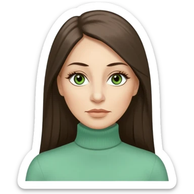 43 year old Adult woman avatar, light skin tone, long, oval face, long straight ashy brown hair, green almond-shaped eyes with dramatic eyelashes and minimal eyeliner, neutral mouth, medium straight eyebrows, average nose, smooth skin,  mint green turtle neck  sticker