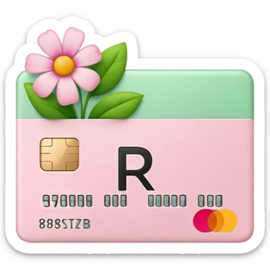 Pale Pink and green cute credit card, flowers growing around it , clean aesthetic, letter R on it sticker