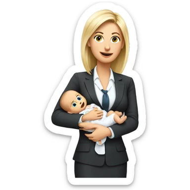 Busy european mom in businesssuit with baby sticker