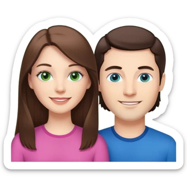 “A pink Polaroid-style photo of a couple: a white woman with long brunette hair and blue eyes, and a white man with short brunette hair and green eyes.” sticker